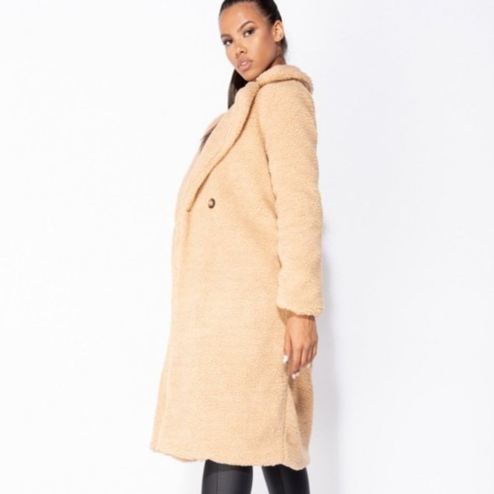 Camel Long Sleeve Loose Fit Double Breasted Long Maxi Teddy Bear Fur Coat - Picture 5 of 12